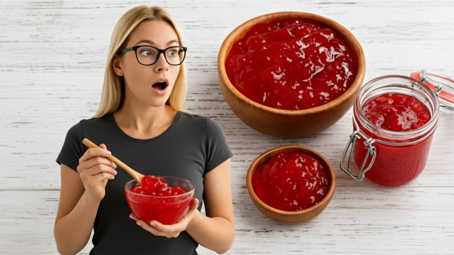Surprised blonde woman with glasses holding a bowl of bright red gelatin mixture, with more bowls and a jar on the table